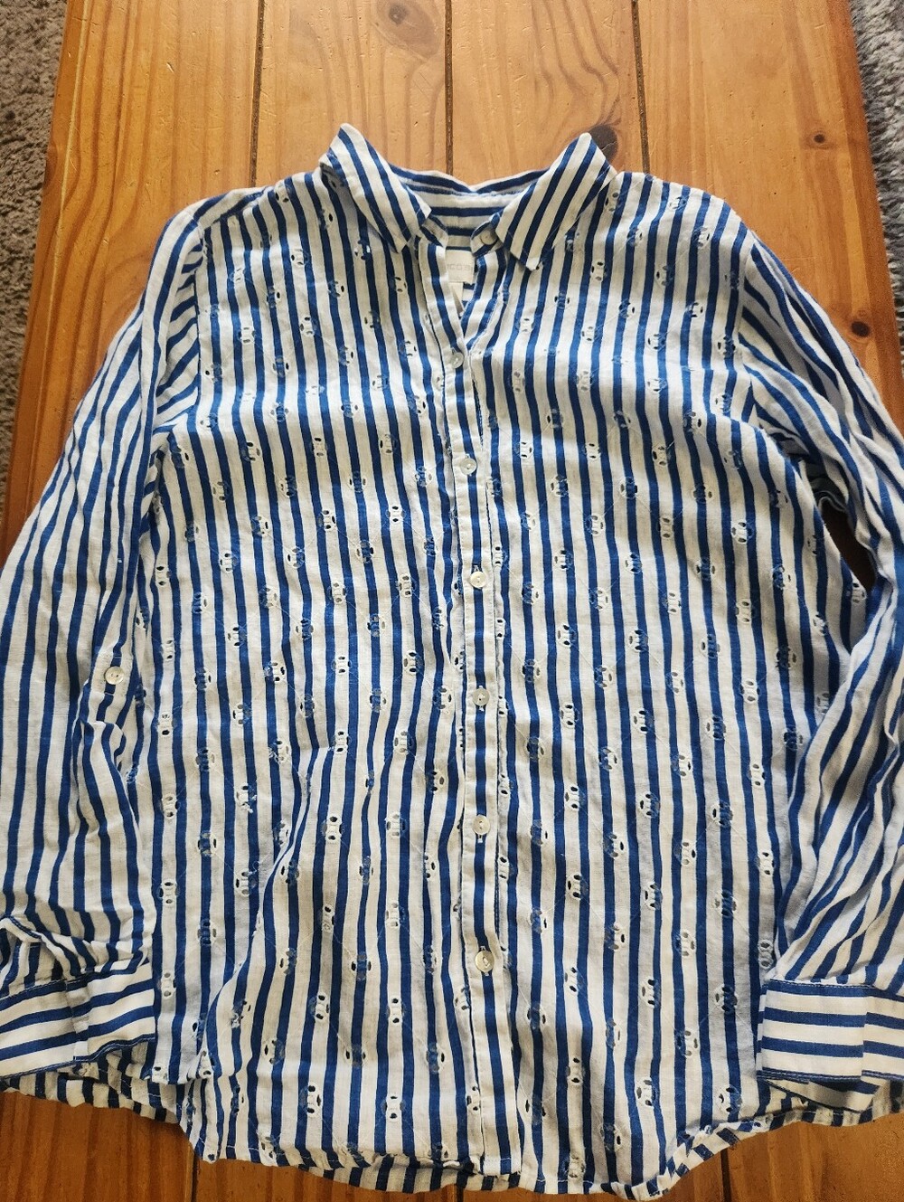 Chico's Button Up Striped Top Blue/White Size 3 (Extra Large)